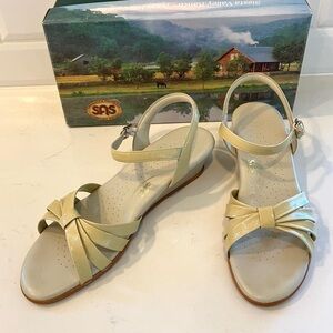 Handcrafted SAS Strippy wedge sandal in yellow “bone” color, size 9.5